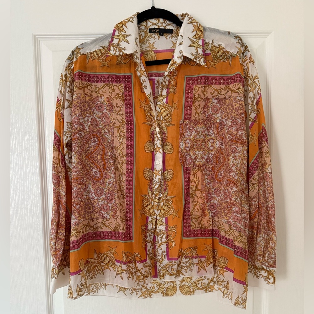 Maje Multi-Color Paisley Cotton Button-Up Shirt — Orange, Pink, White